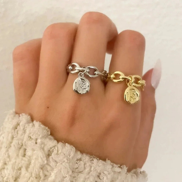 925 Sterling Silver Curb Chain Ring Chunky Dangle Charm Ring Dainty Boho Ring - Picture 3 of 9